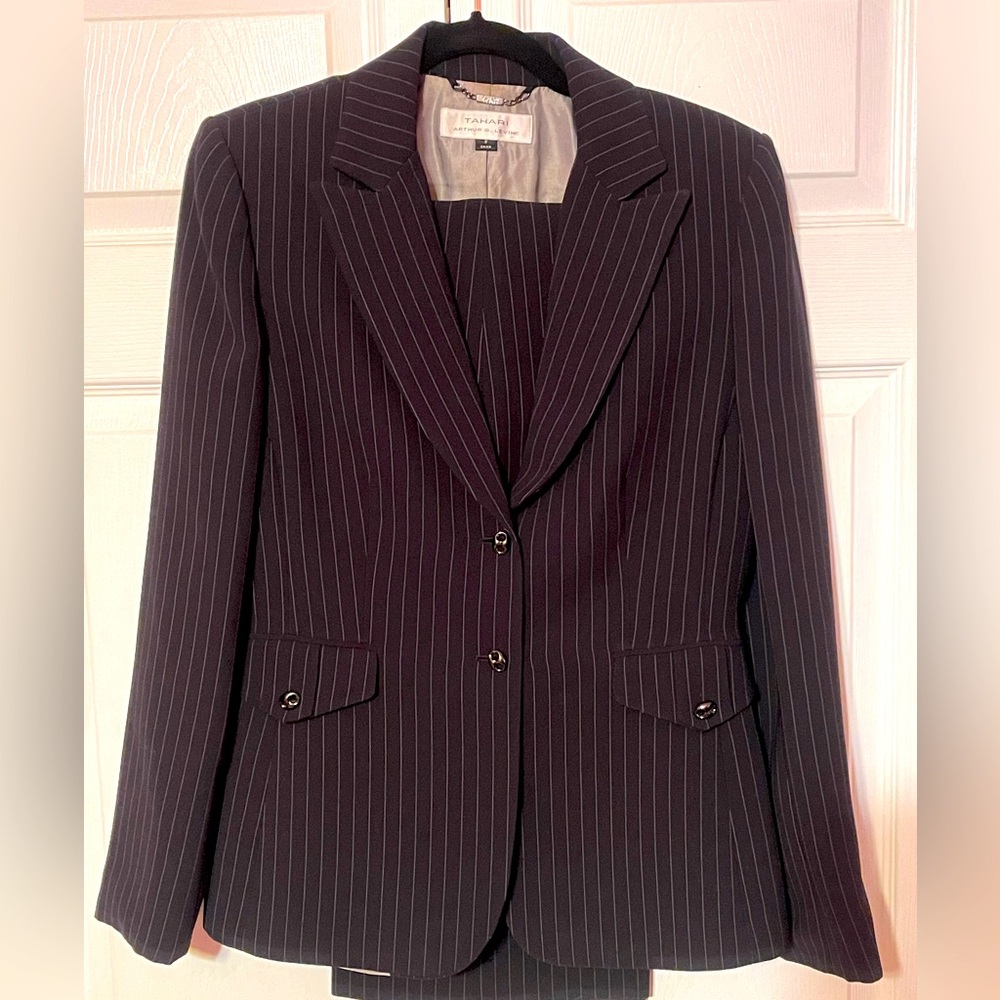 Tahari Black Pinstripe Pantsuit Jacket